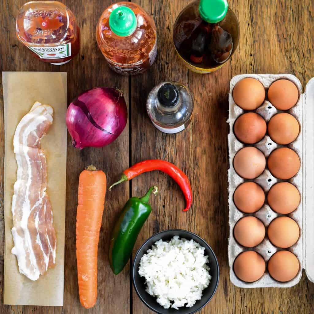 Ingredients laid out to make a Tornado Omelette (Omurice)