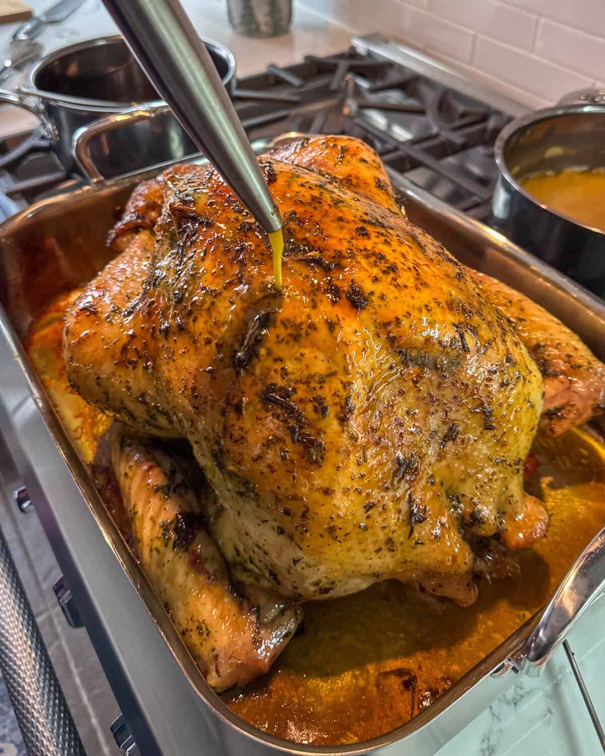 Baste the turkey with the drippings once you finished the stock.
