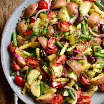 A potato, bean and tomato salad.
