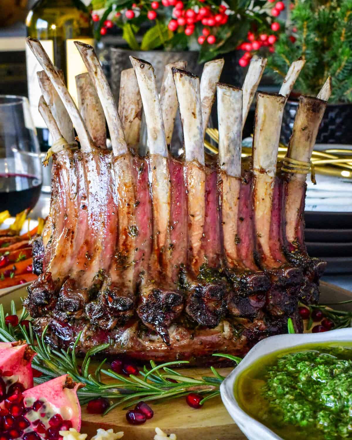 Roasted Crown Rack of Lamb with Mint Salsa Verde.