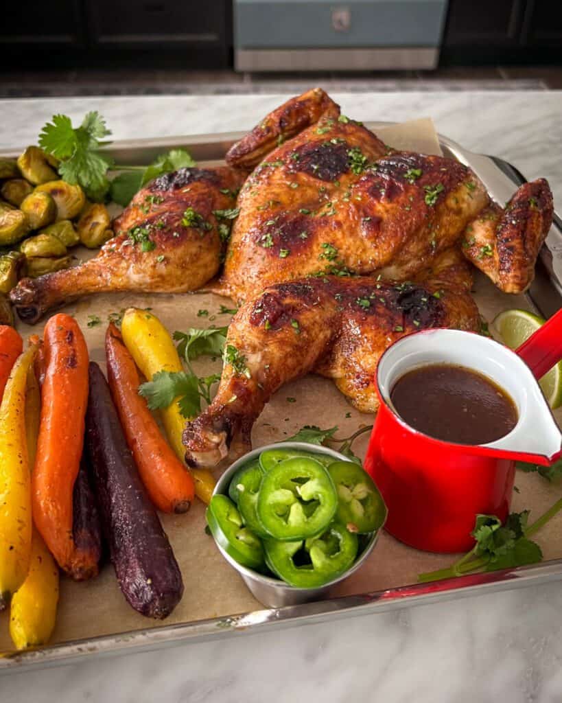 Spatchcock Chicken - detail with shish-taouk seasoning and gravy.