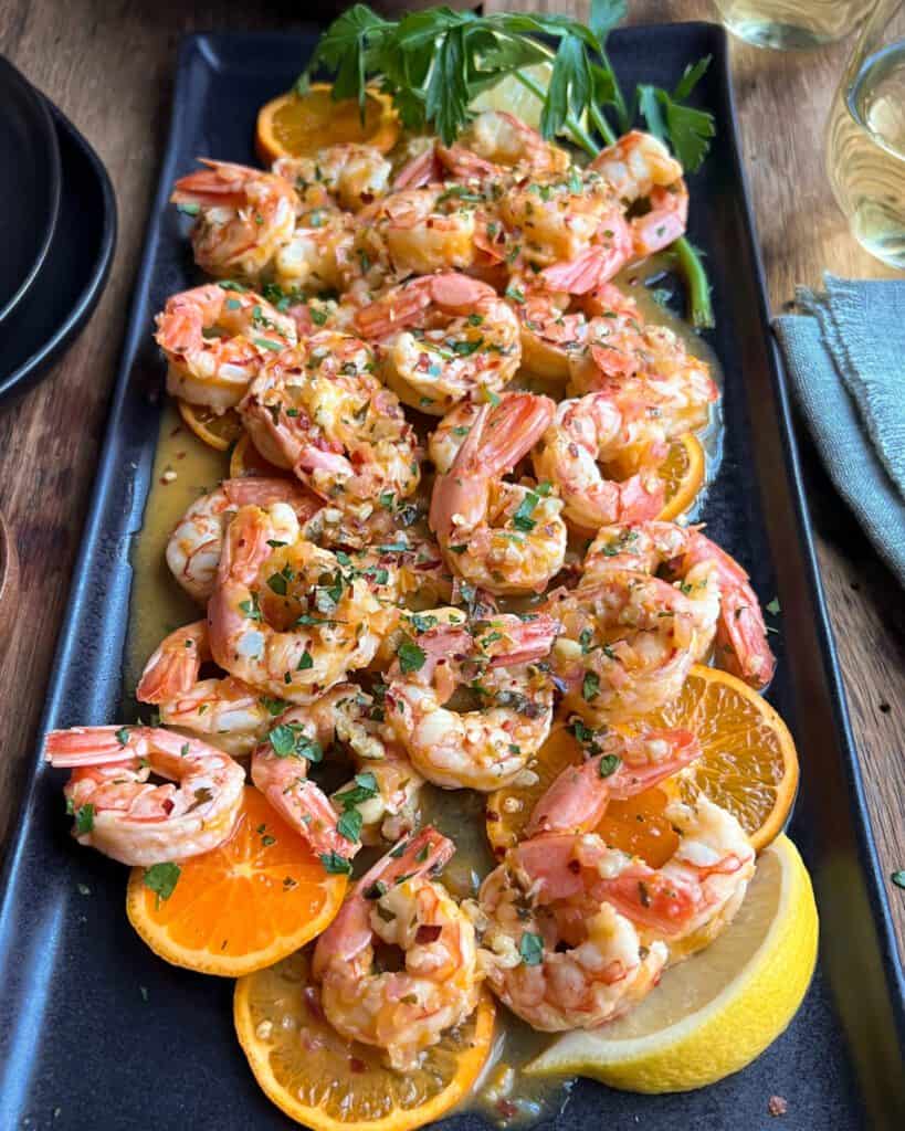 A close up of an easy citrus shrimp dish.