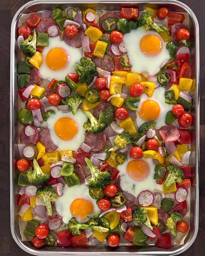 An easy and colourful one sheet pan meal that is packed with veggies, eggs and kielbasa.