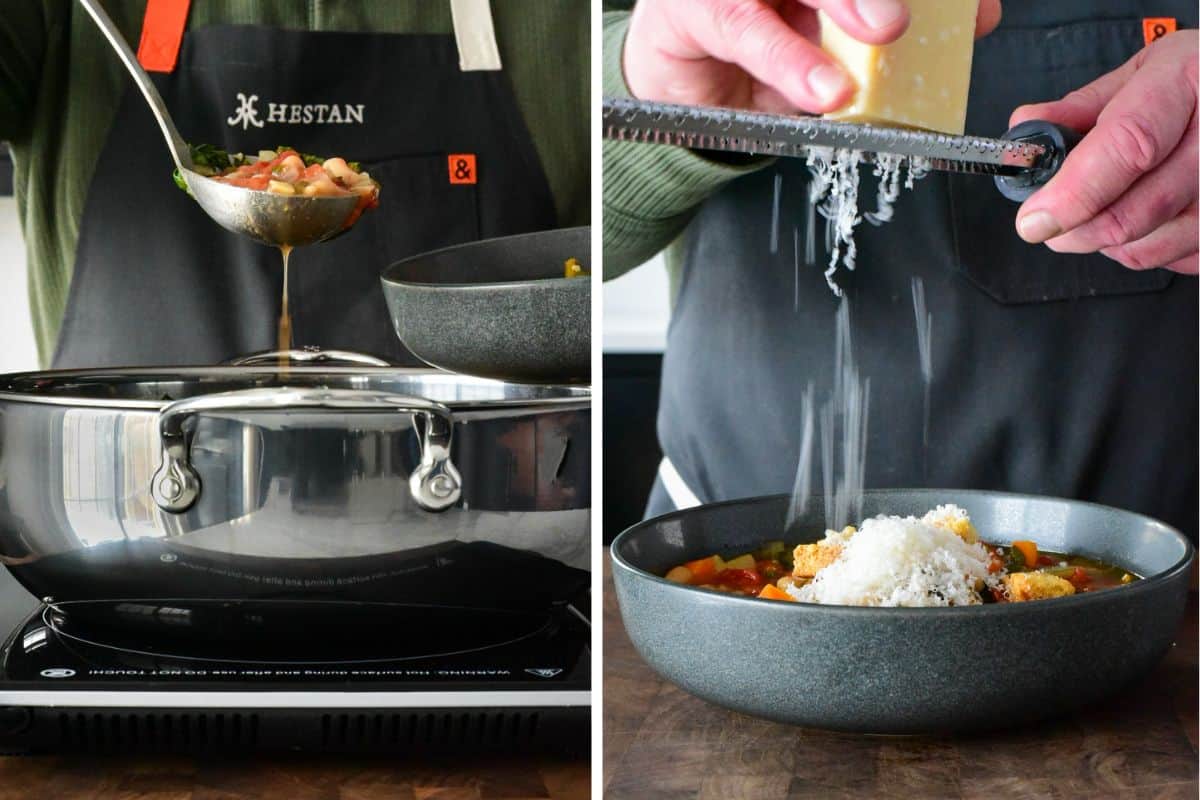 Ladle the soup into bowls, top with croutons and shaved Parmesan cheese.