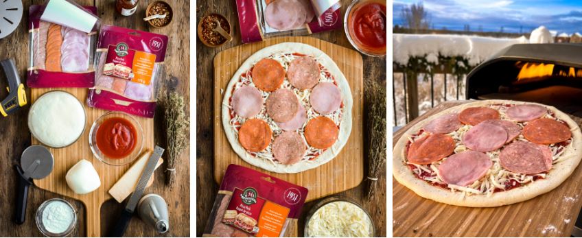 Ingredients to make a meat pizza laid out on an Ooni pizza peel.