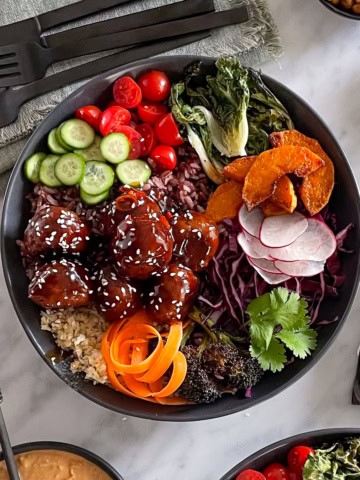 A colourful Thai meatball bowl made using my plant-based meatball recipe.