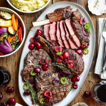 Grilled Veal Chops with a Cherry Jalapeño Sauce poured over top. Served with mashed potatoes and mixed grilled veggies.