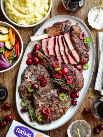 Grilled Veal Chops with a Cherry Jalapeño Sauce poured over top. Served with mashed potatoes and mixed grilled veggies.