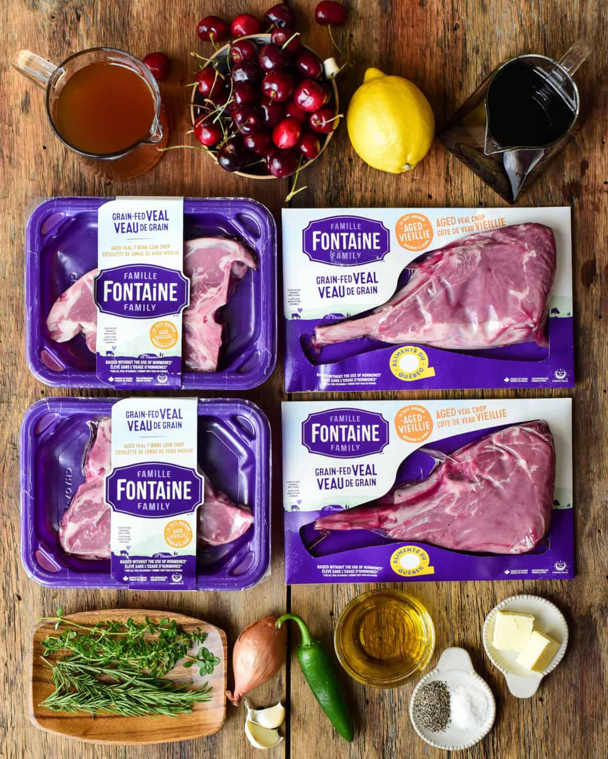 Ingredients laid out to make veal chops with a cherry sauce.
