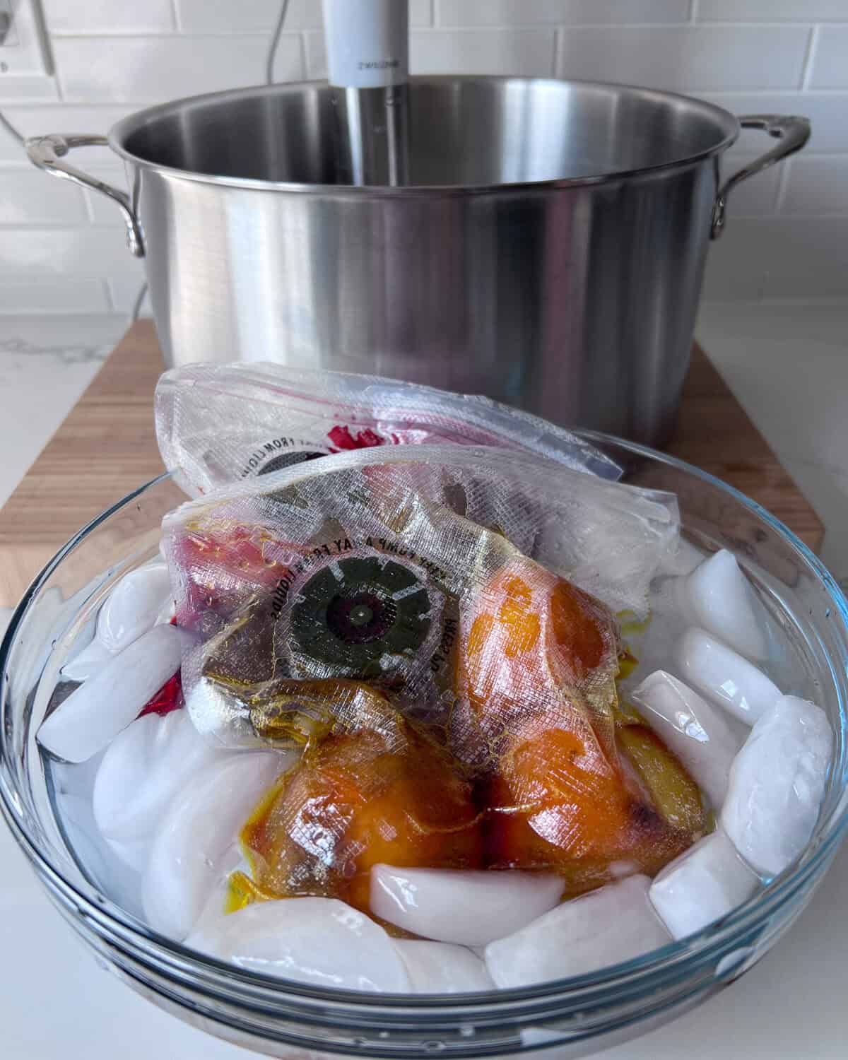 Take the beets out of the sous-vide water bath and place in a bowl of ice water to cool for a beet salad.