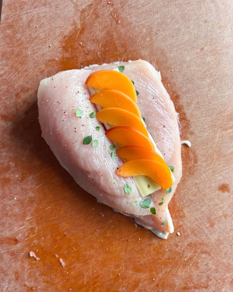 A butterflied chicken breast stuffed with apricots and Brie.