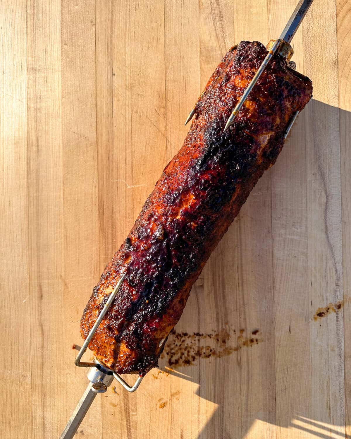 A beautiful pork loin roast just off the rotisserie. 