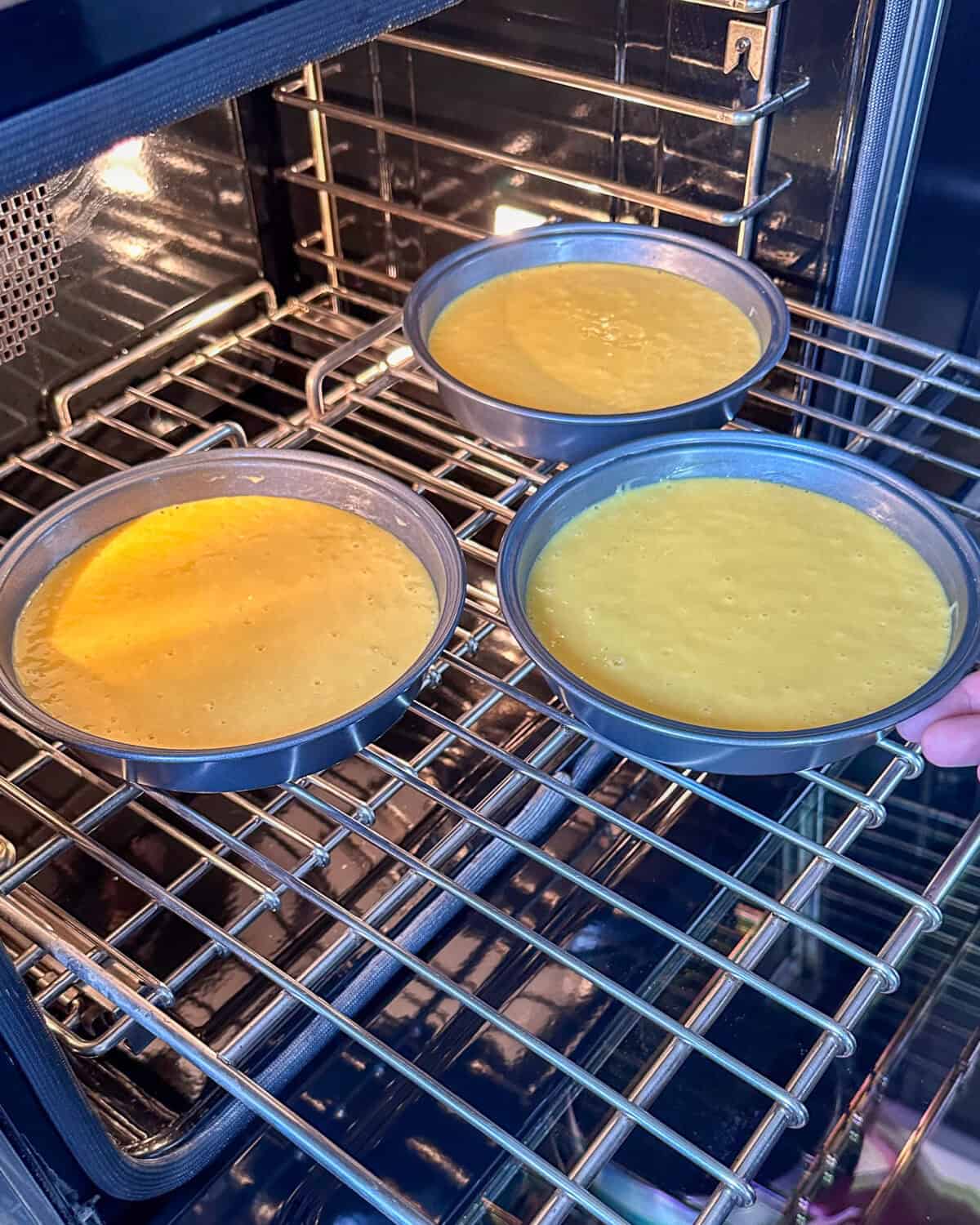 Pour the cake batter equally into the three cake pans.