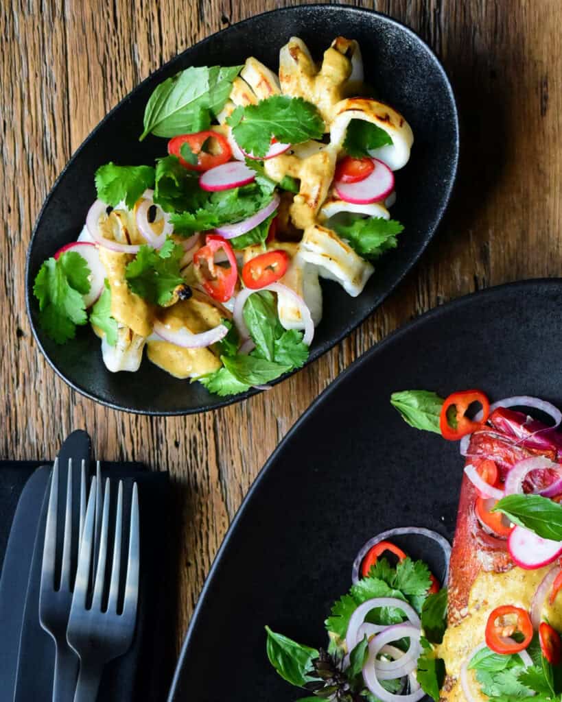 Grilled calamari with a yellow curry and salad.