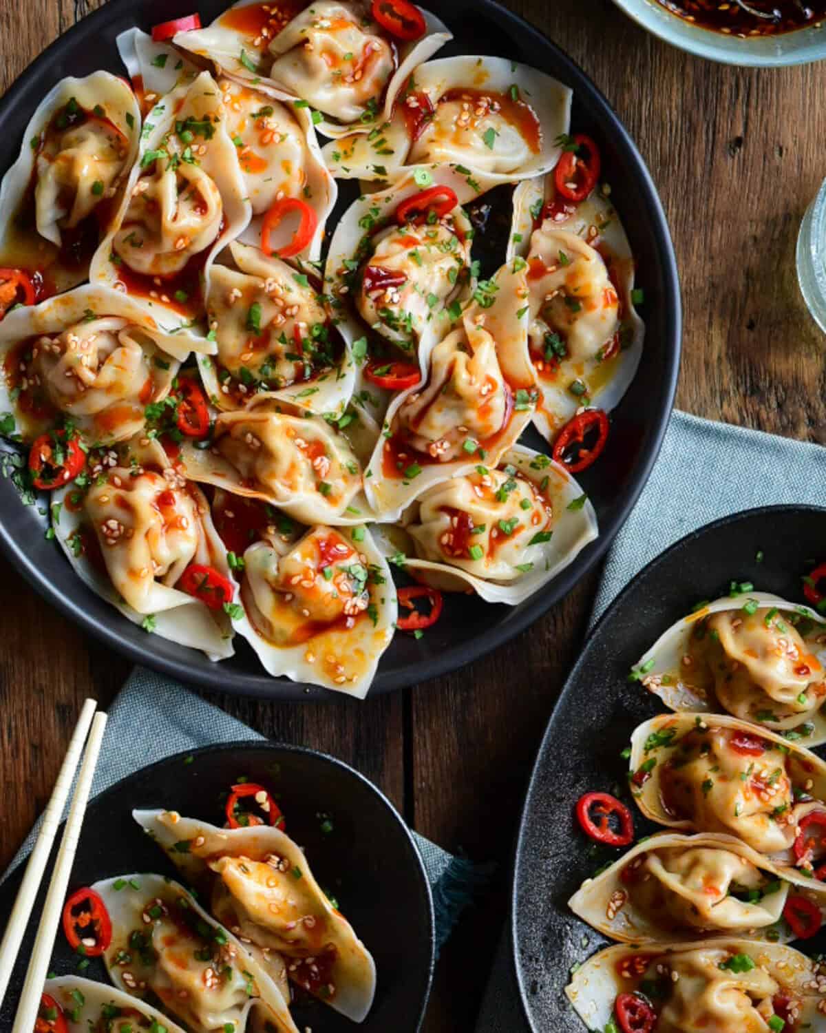 Shrimp Wontons served with a Spicy Sauce.