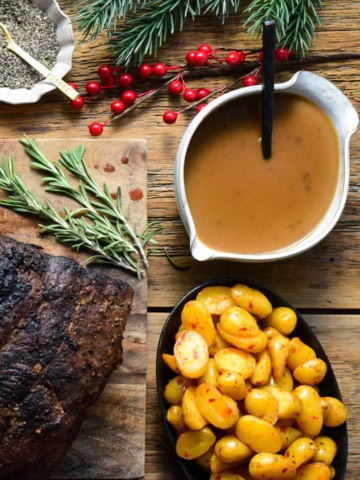 A bowl of Make Ahead Beef Gravy with no Drippings.