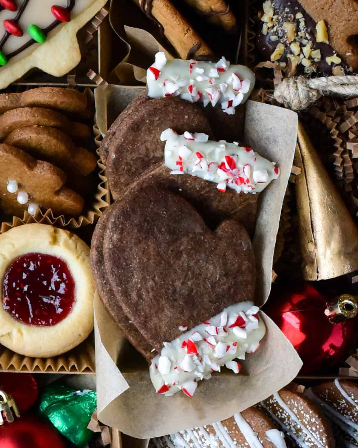 Chocolate Peppermint sugar cookies with a vanilla chocolate and crushed candy cane fur.