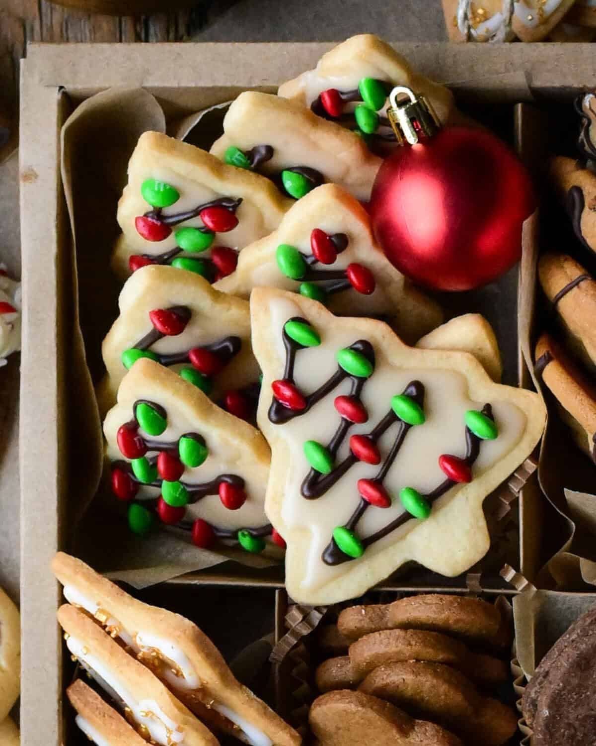 Christmas tree cookies with a maple vanilla icing and M&M ornaments