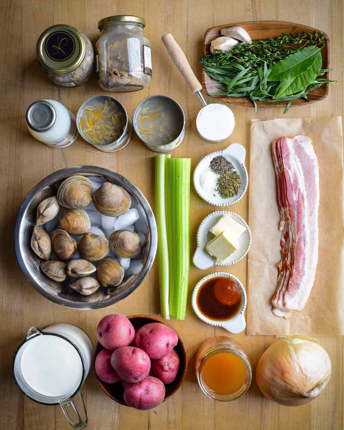 Ingredients laid out for New England Clam Chowder.