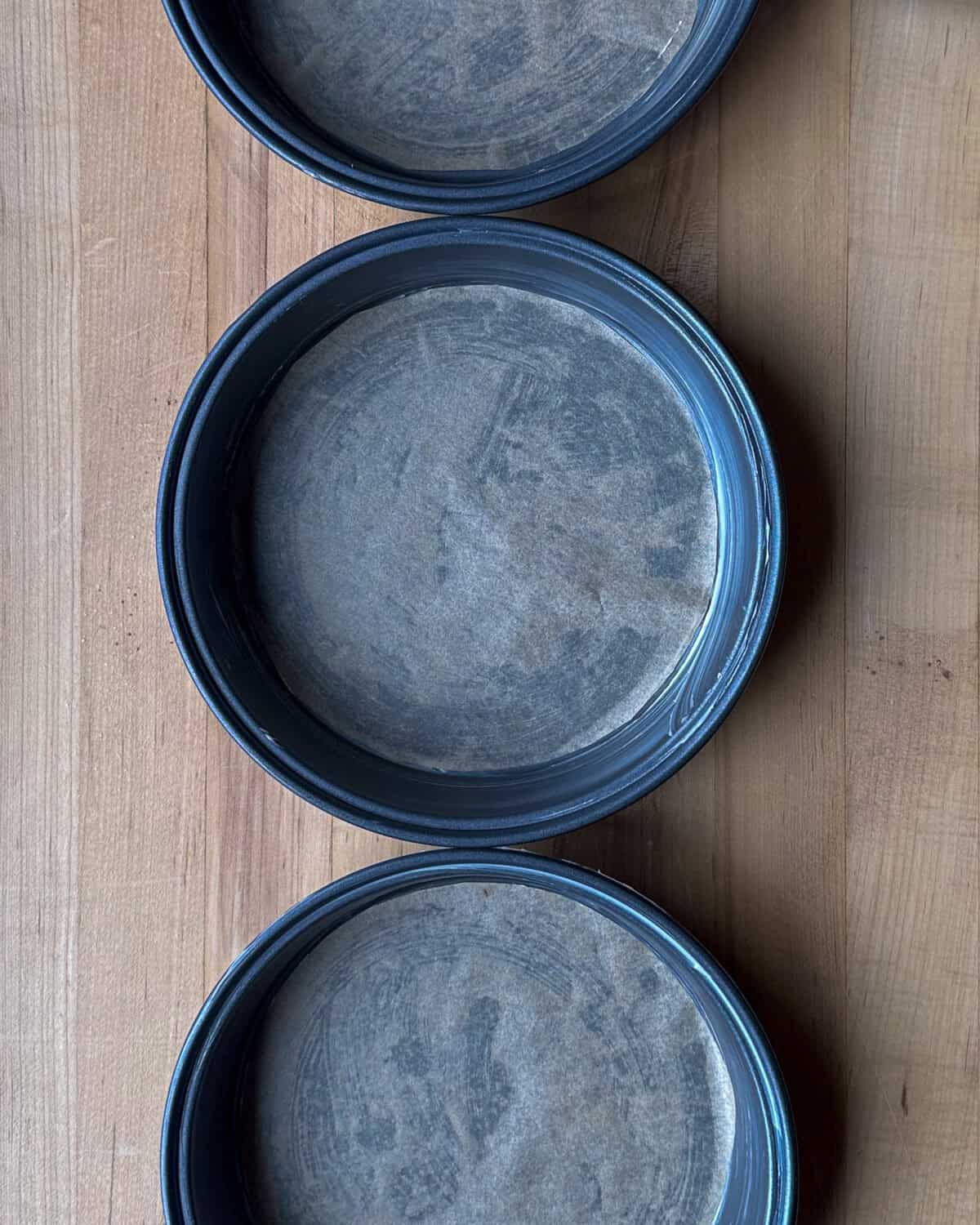 Three 8" cake pans grease with butter and lined with parchment paper.