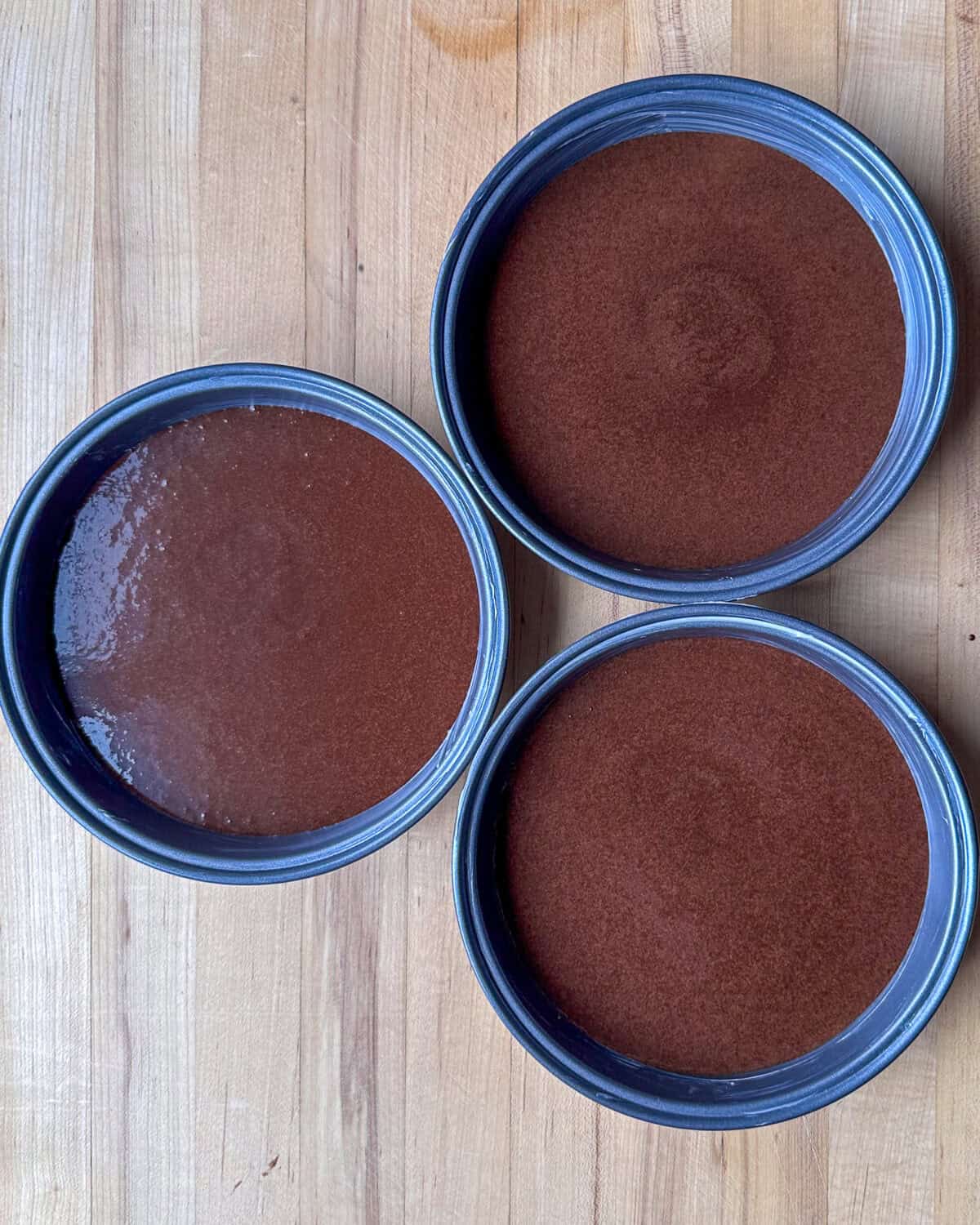 Pour equal amounts of the batter into the 3 cake pans (approximately 1¾ cups each).