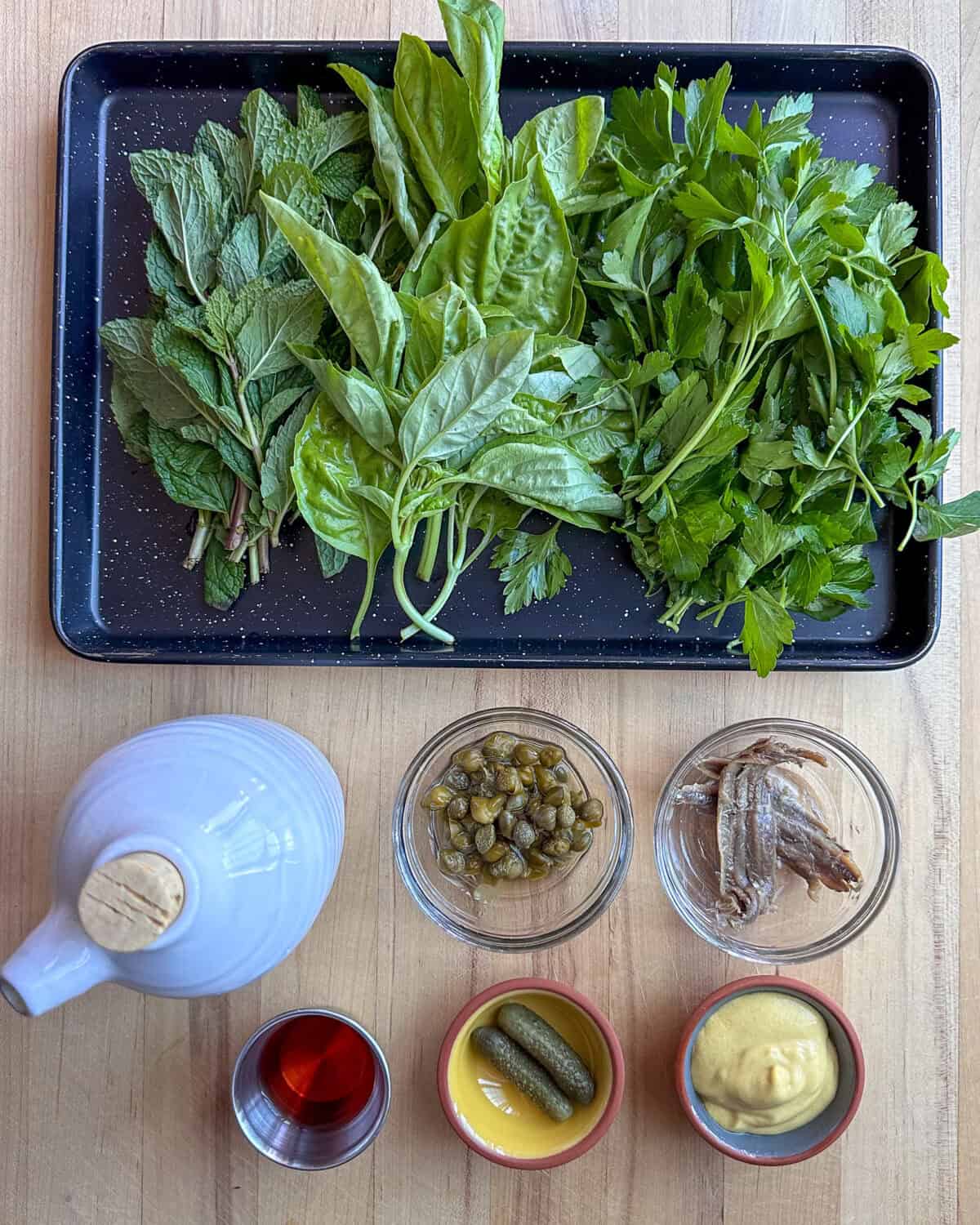 Ingredients for Italian salsa verde for steak.
