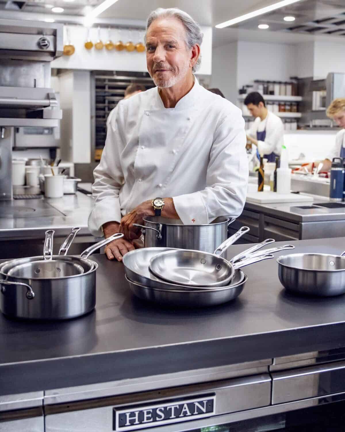 The owner of the french laundry - Chef Thomas Keller in his French Laundry kitchen with his cookware collection.