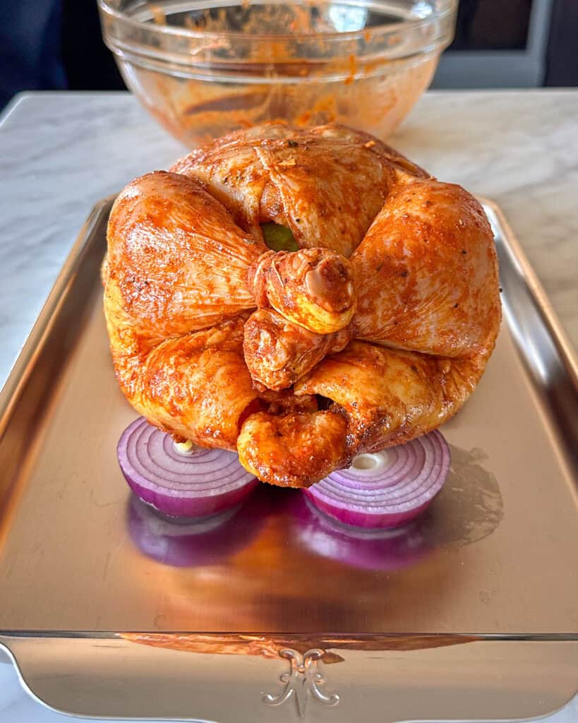 Place the chicken on sliced onions (or a rack) in a small shallow roasting pan.