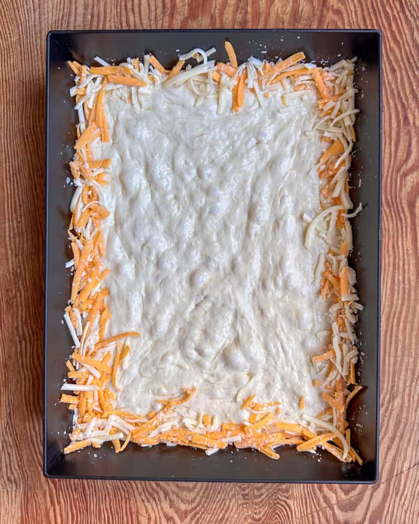 DSP dough in a pan with shredded cheese along the edge.