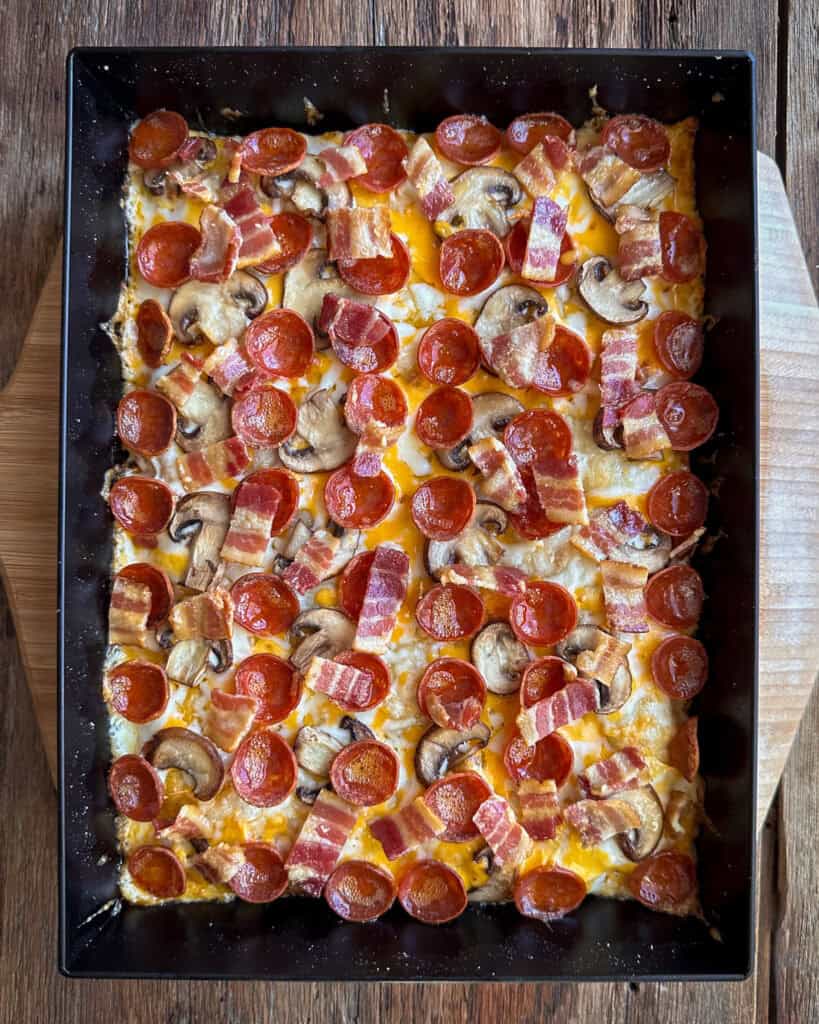 Baked pepperoni Detroit pizza and bacon.