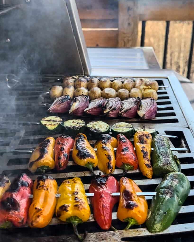 Vegetable skewers grilled on the grill.