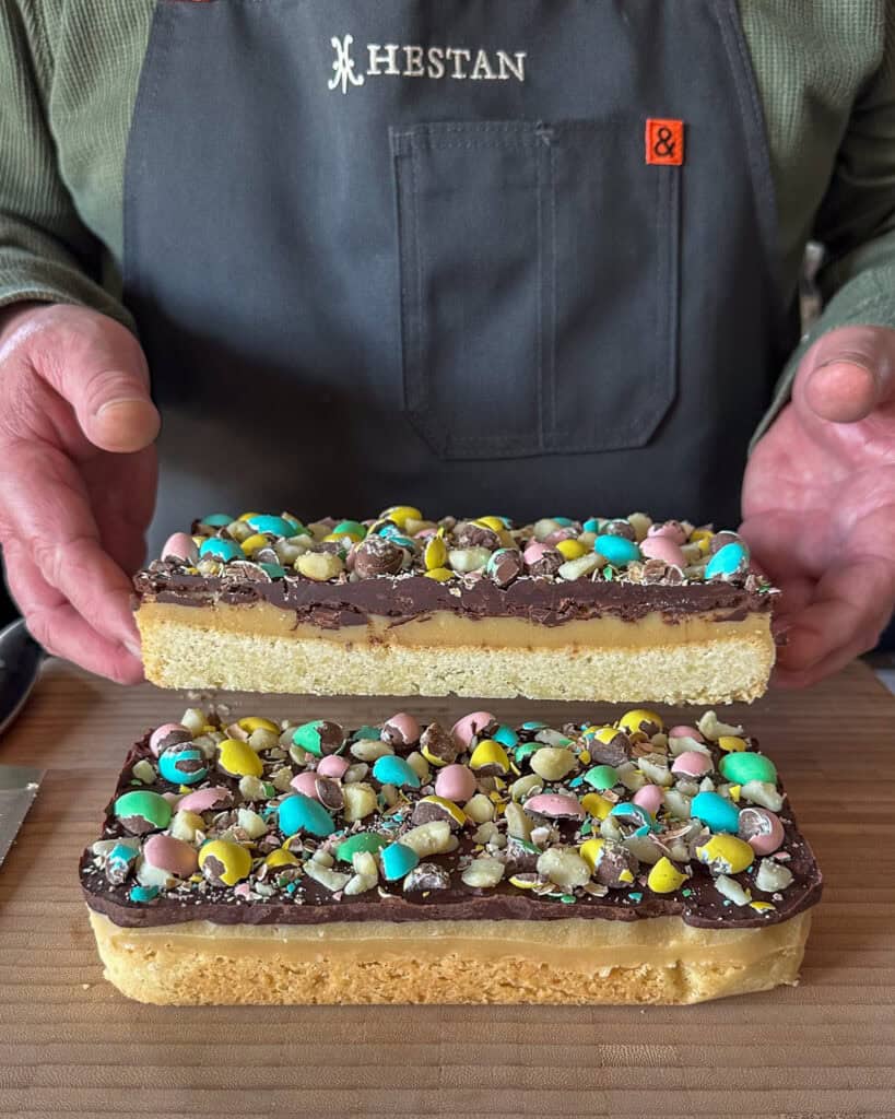 Cutting into the Mini Egg Millionaire’s Shortbread.