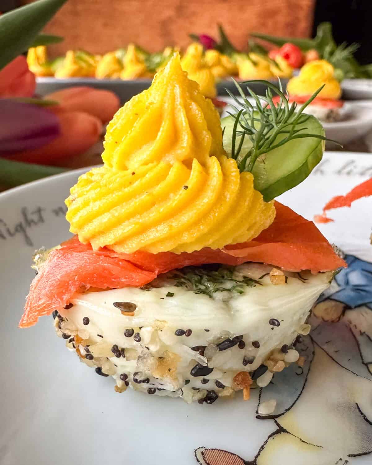 Muffin tin deviled eggs with smoked salmon, dill and everything bagel season.