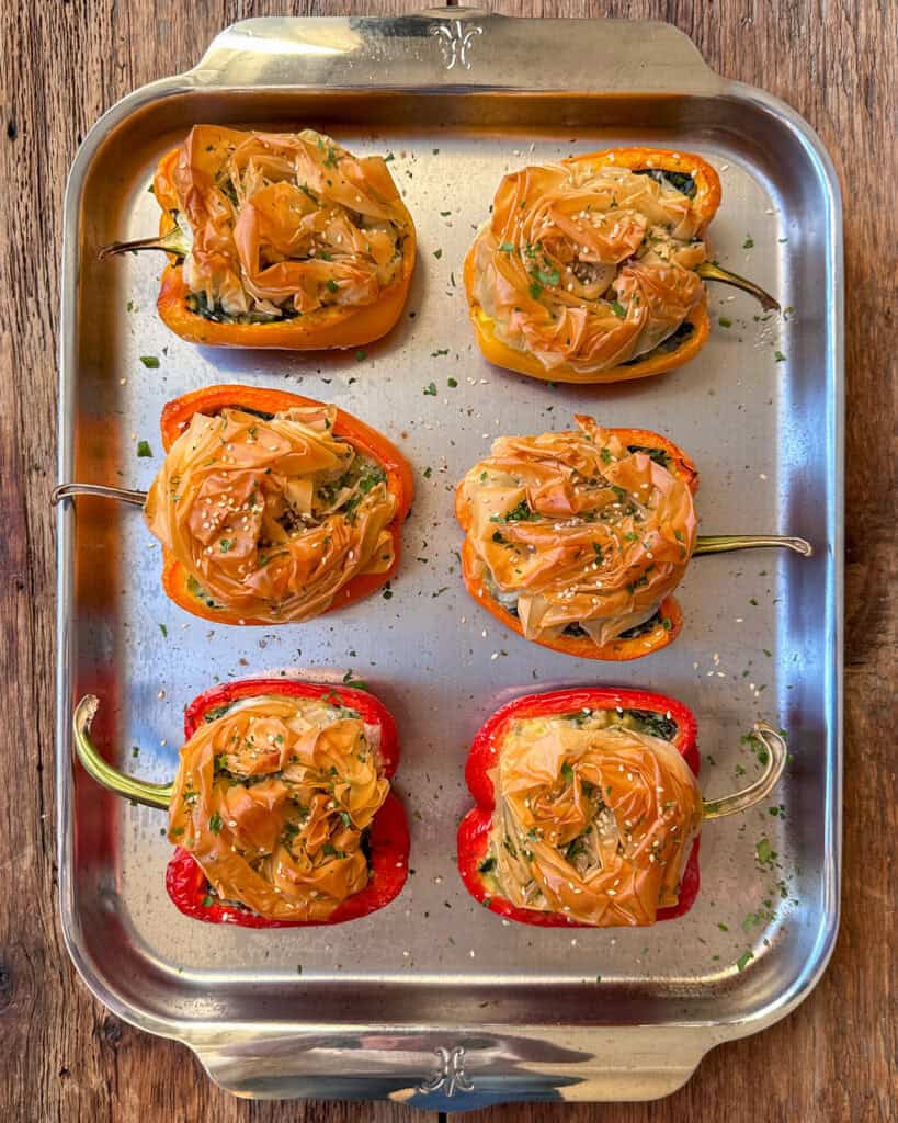 Bake the stuffed peppers for 45 minutes and the phyllo is golden brown.