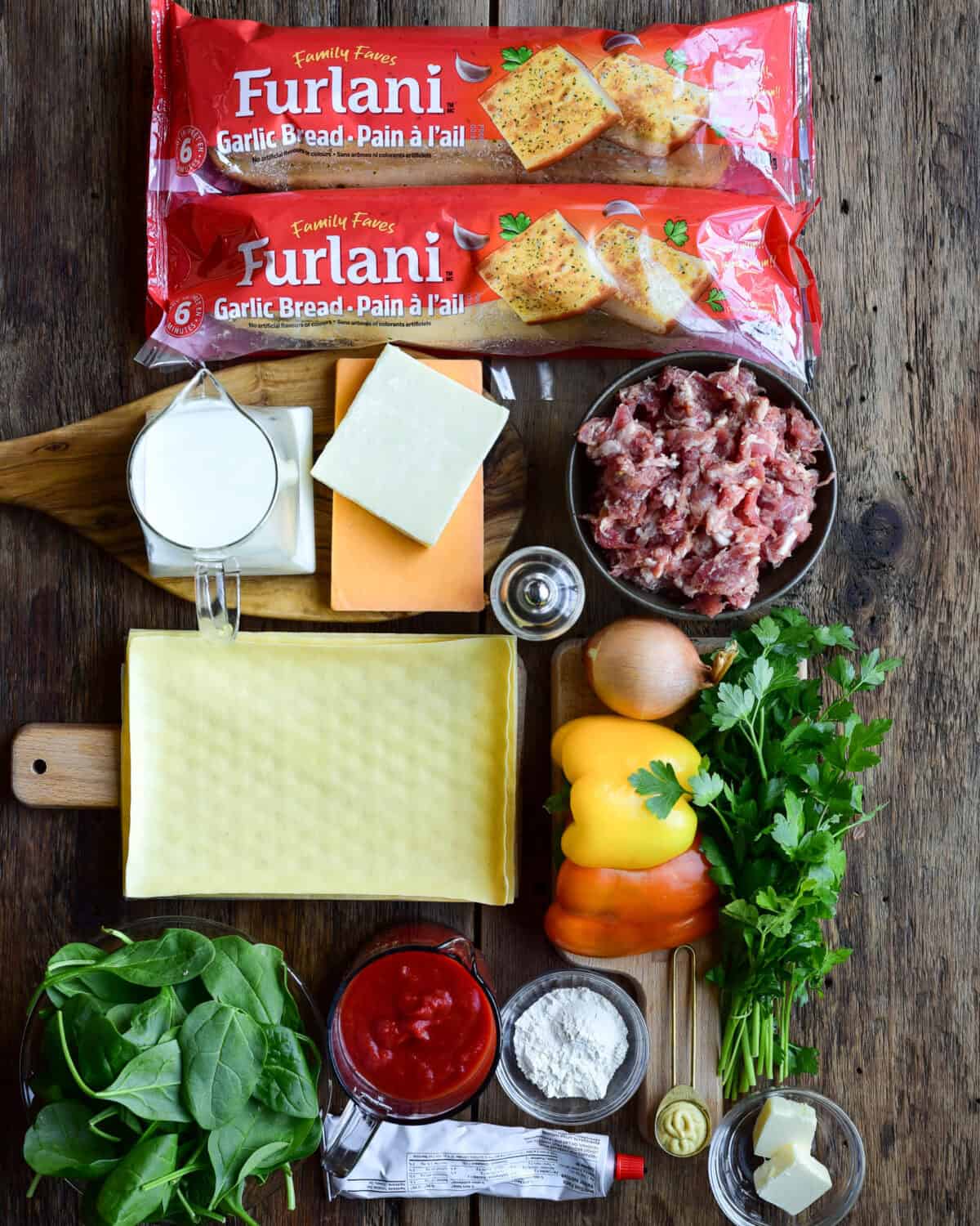Ingredients for a Furlani garlic bread recipe.