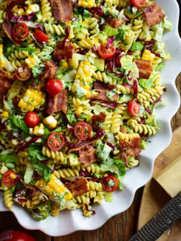 A large platter with a BLT pasta salad with a Buttermilk-herb dressing.