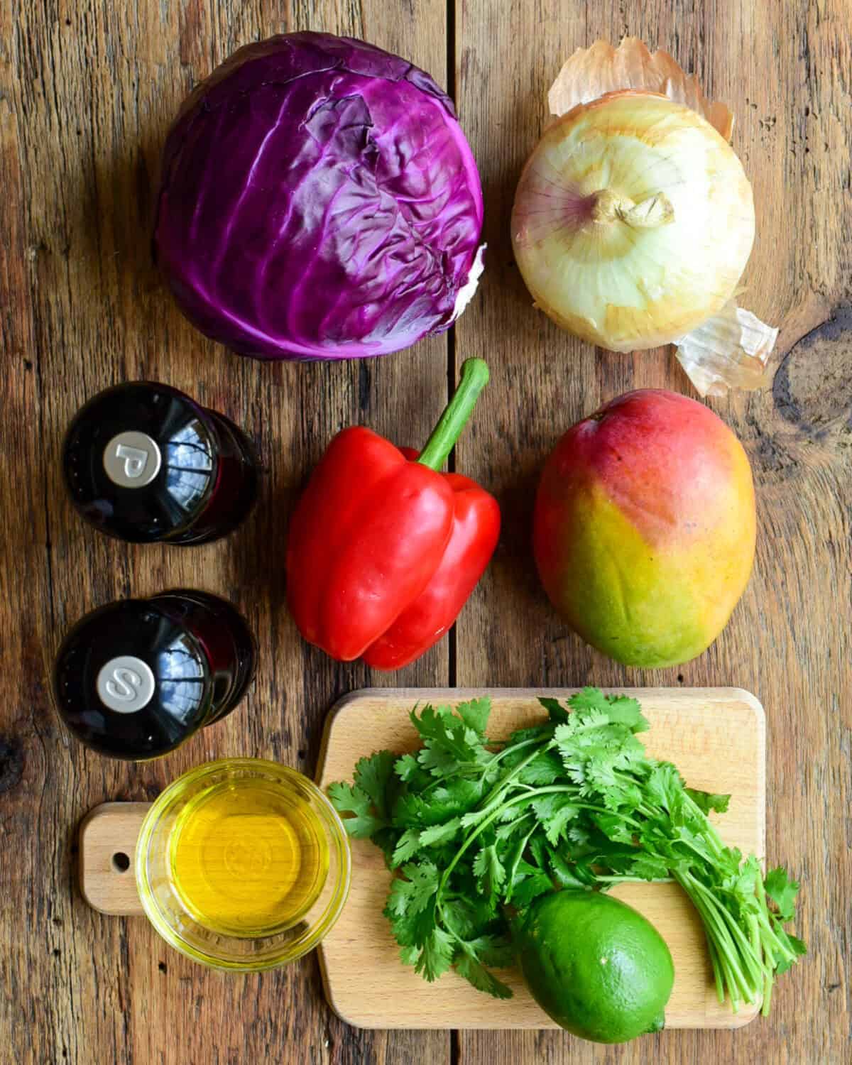 Ingredients for a mango slaw recipe.