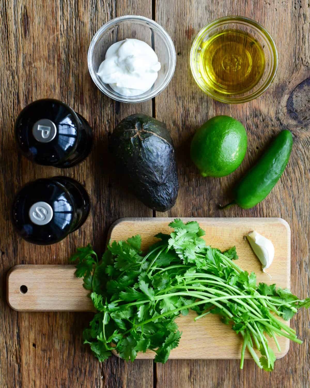 Ingredients for an avocado crema recipe.