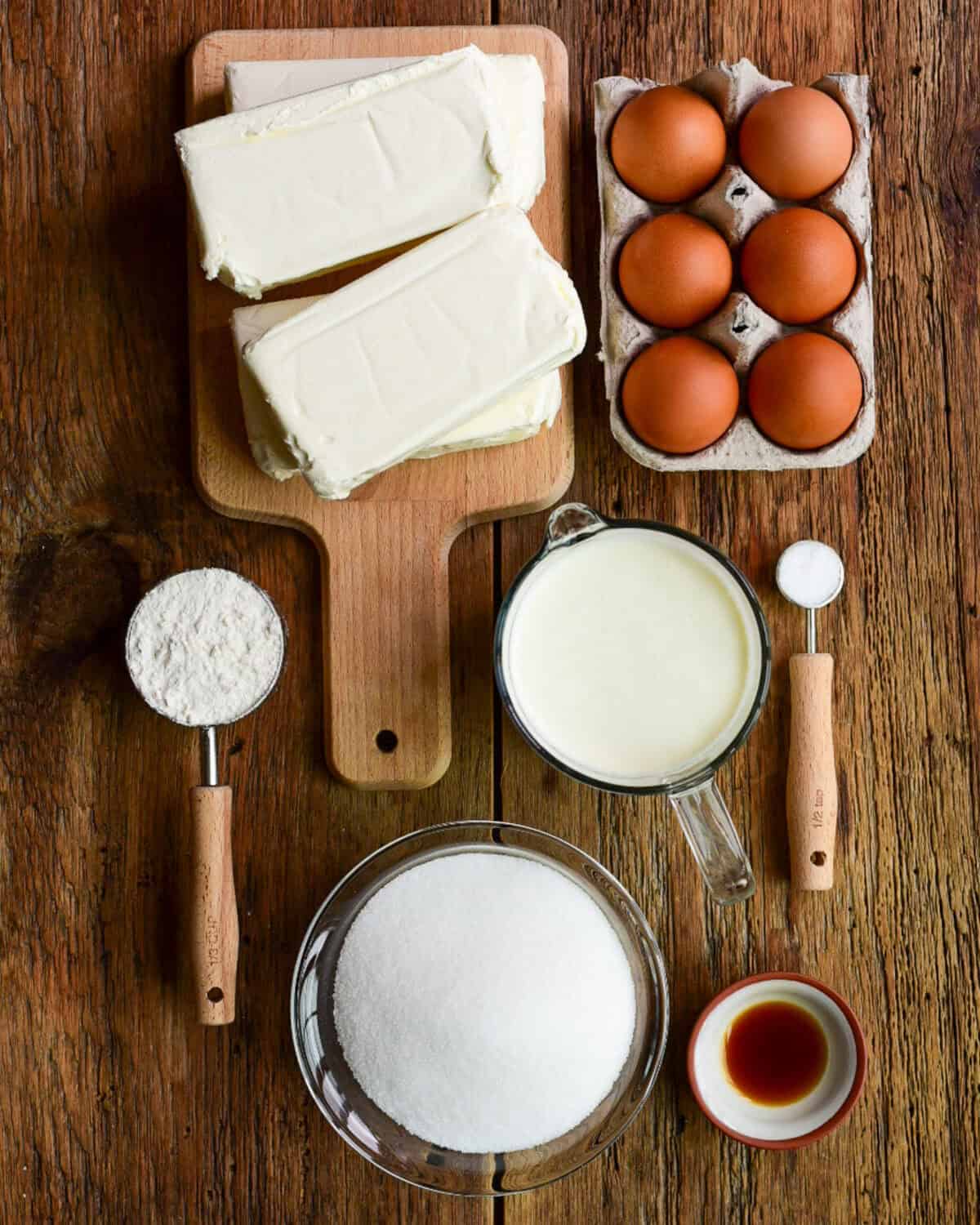 Ingredients for a basque baked cheesecake.