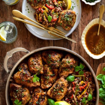 A large pot of Piri-Piri Chicken thighs with Spicy Rice along with a plated portion.