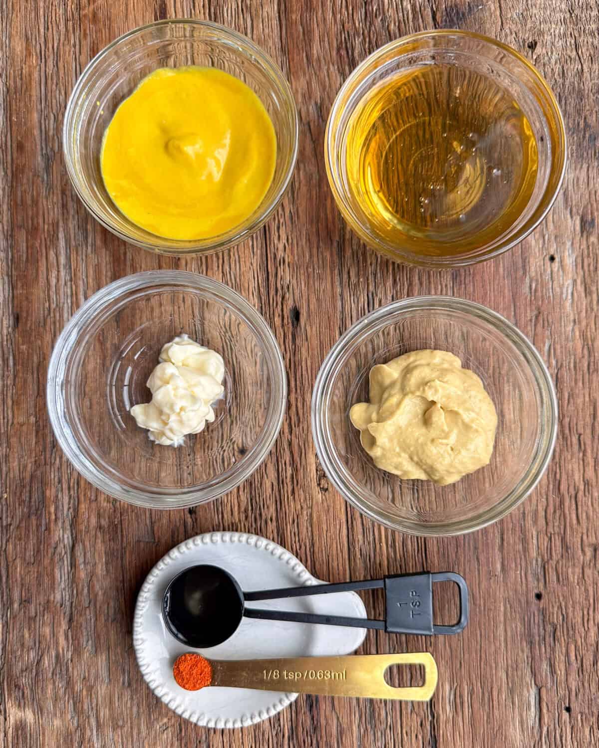 Ingredients for a honey mustard dipping sauce.