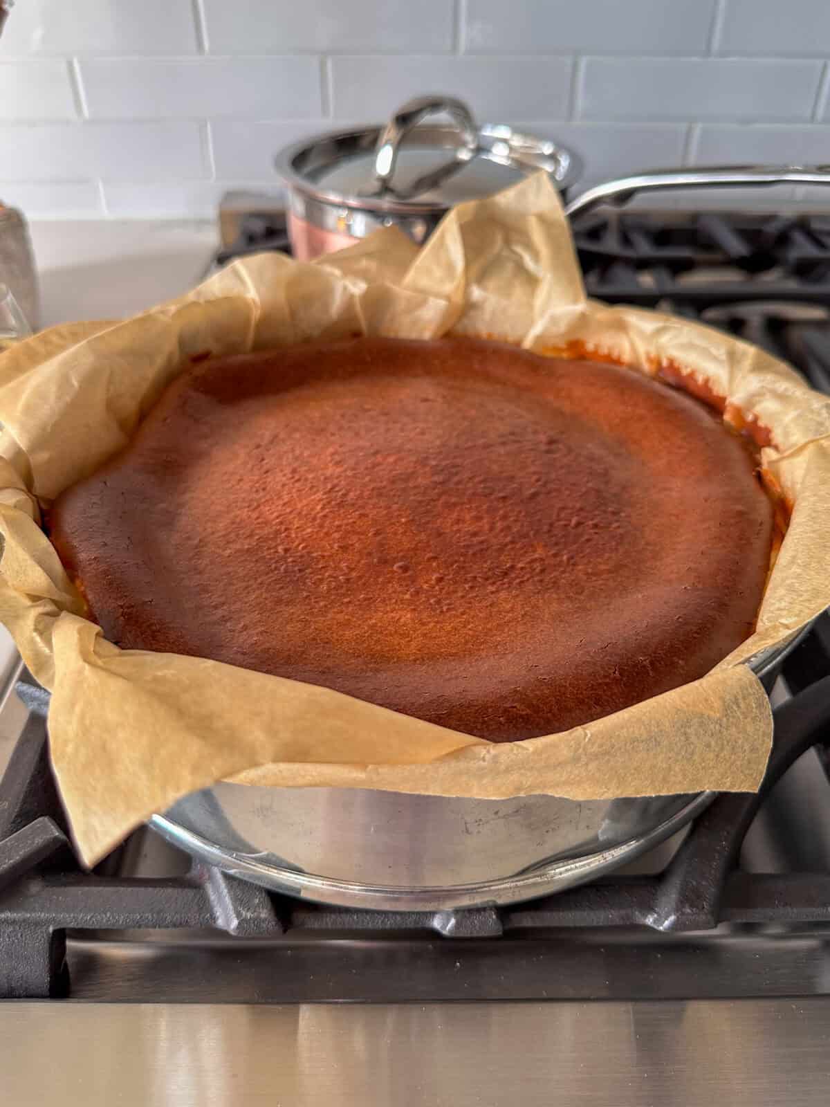 A basque burnt cheesecake just out of the oven.