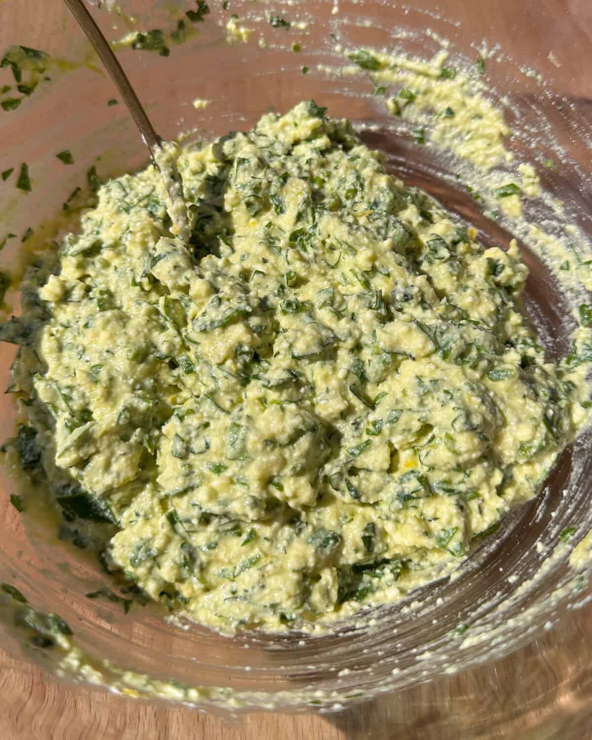 A ricotta, spinach, lemon zest mixture for lasagna.