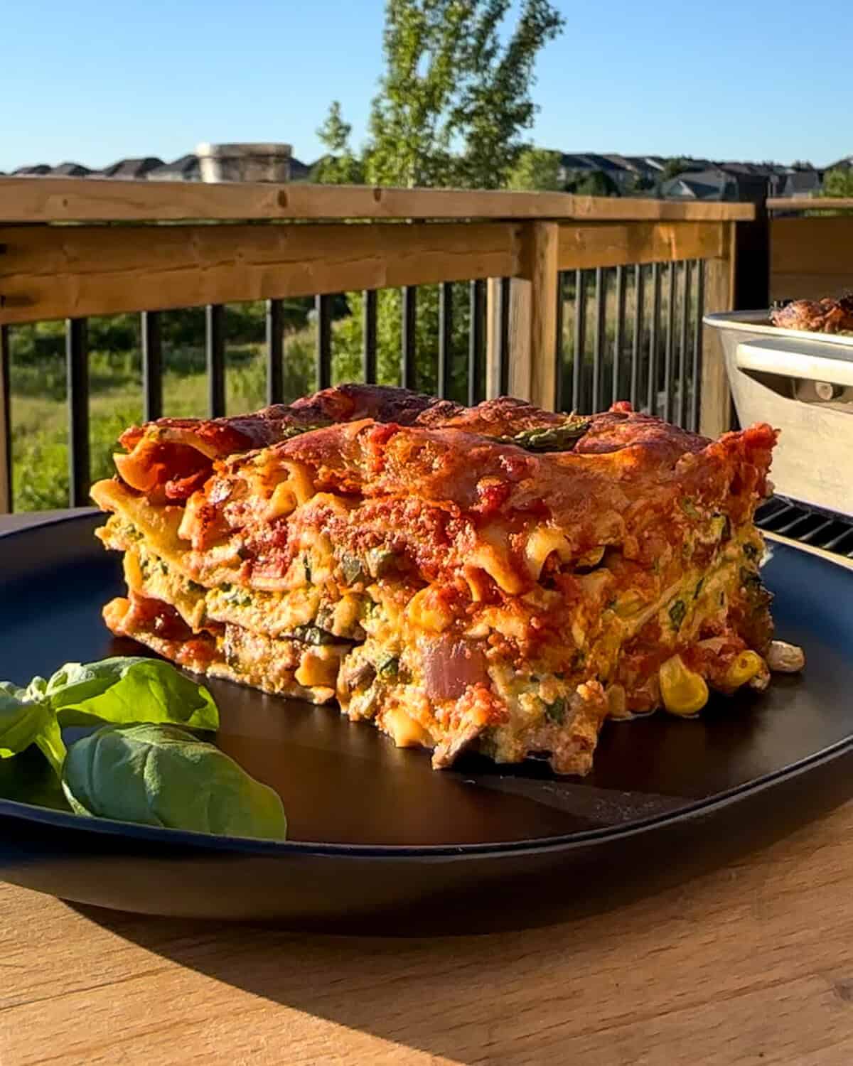 A side view of a piece of lasagna showing the layers.