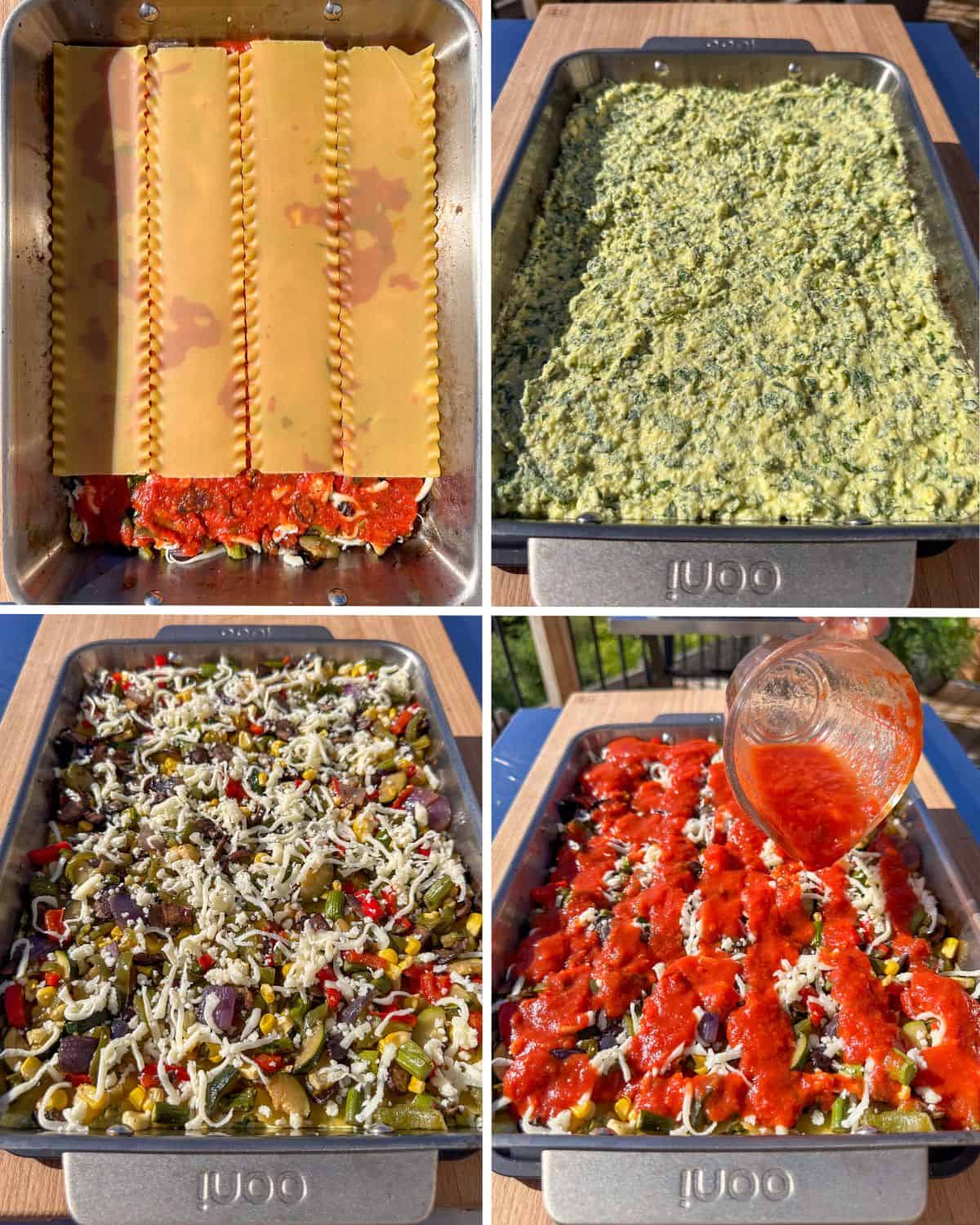 Steps for assembling the spicy vegetable lasagna.