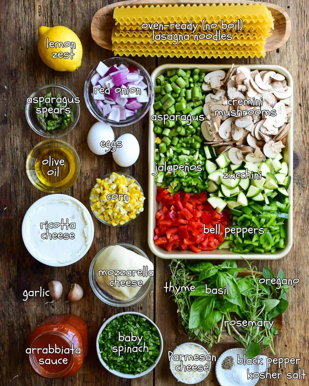 Ingredients for a spicy vegetable lasagna recipe with an arbiata sauce.