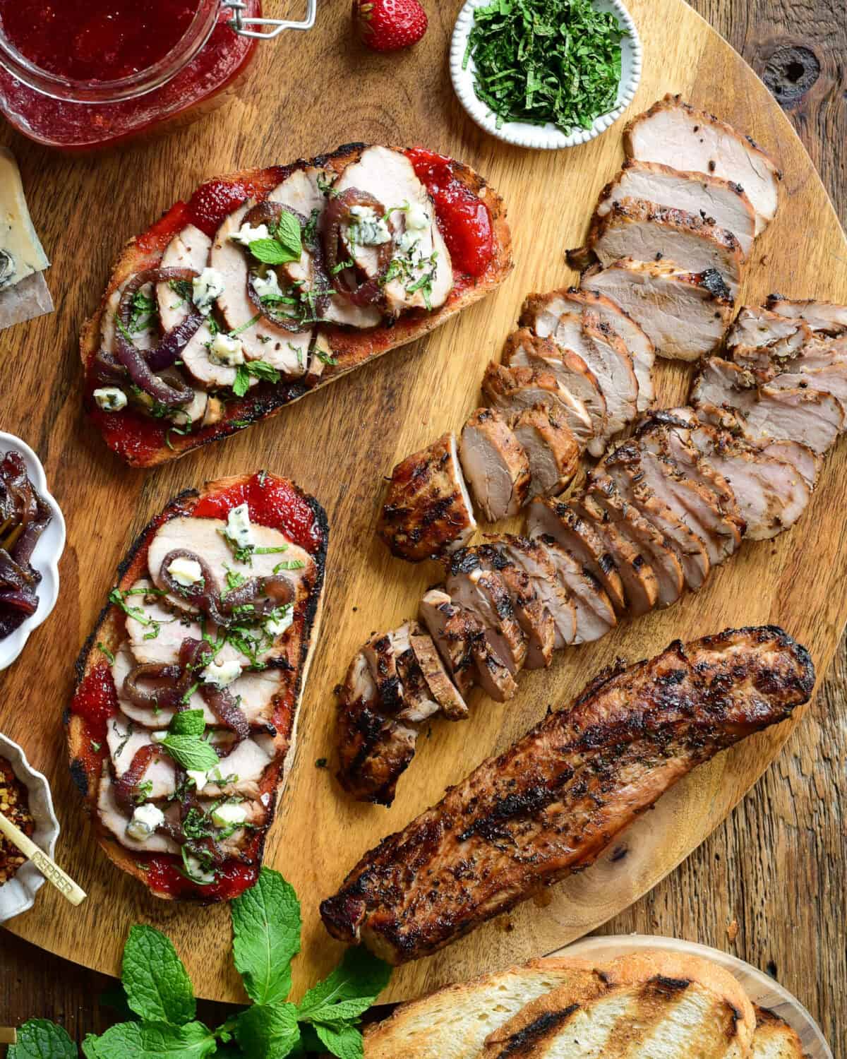 Grilled Honey Mustard Pork Tenderloin sliced and served on toast.