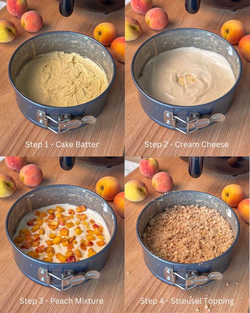 Steps to layering an air fryer coffee cake.