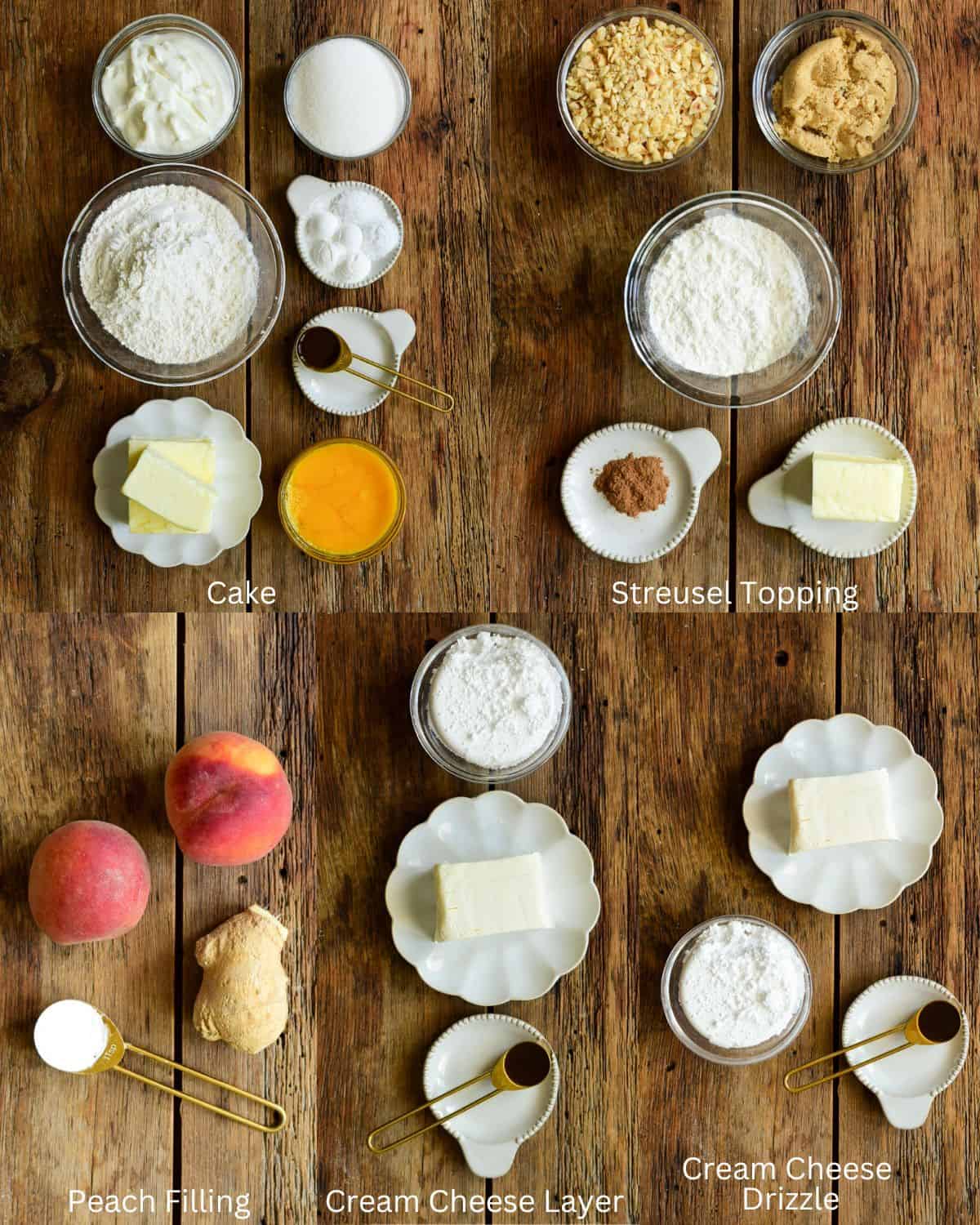 Ingredients for a peach coffee cake recipe.