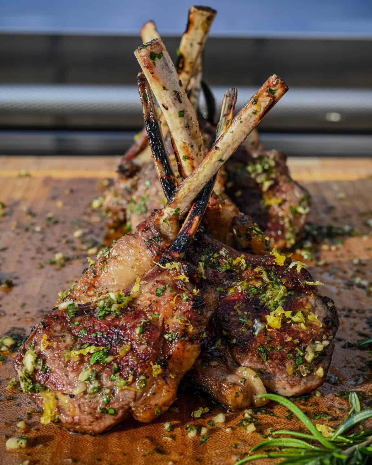 A stack of Grilled Lamb Chops with Board Sauce.